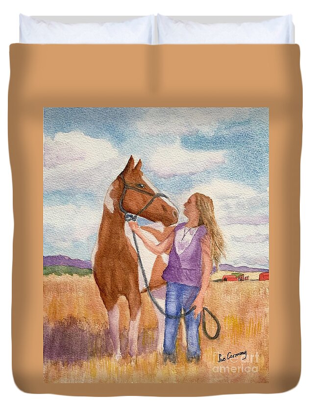 Girl Duvet Cover featuring the painting A Girl's Best Friend by Sue Carmony
