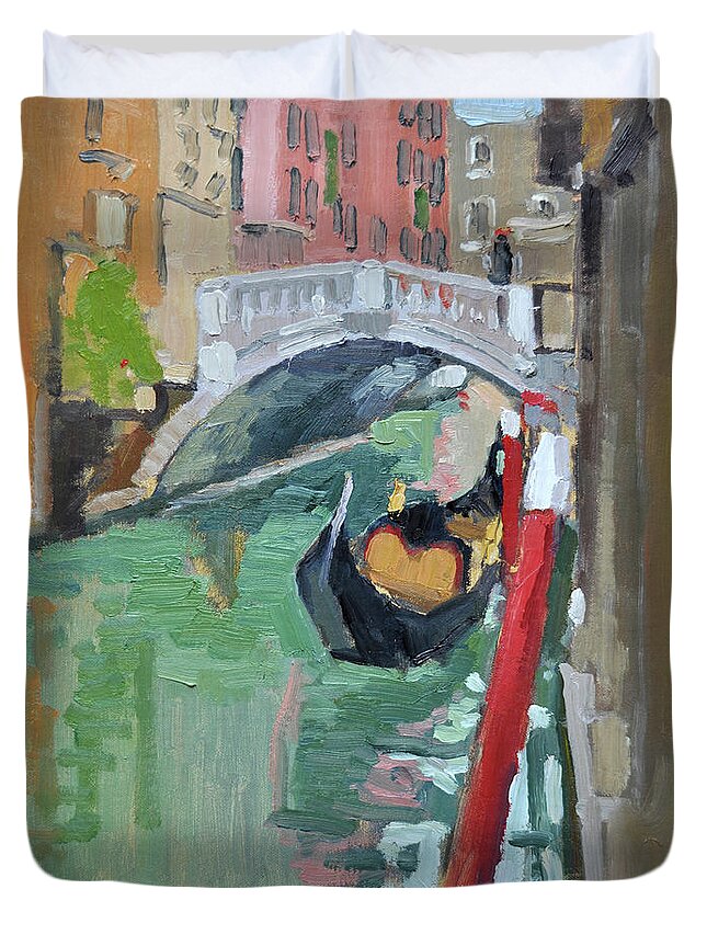 Gondola Duvet Cover featuring the painting A Gondolier and his Gondola, Venice, Italy by Paul Strahm