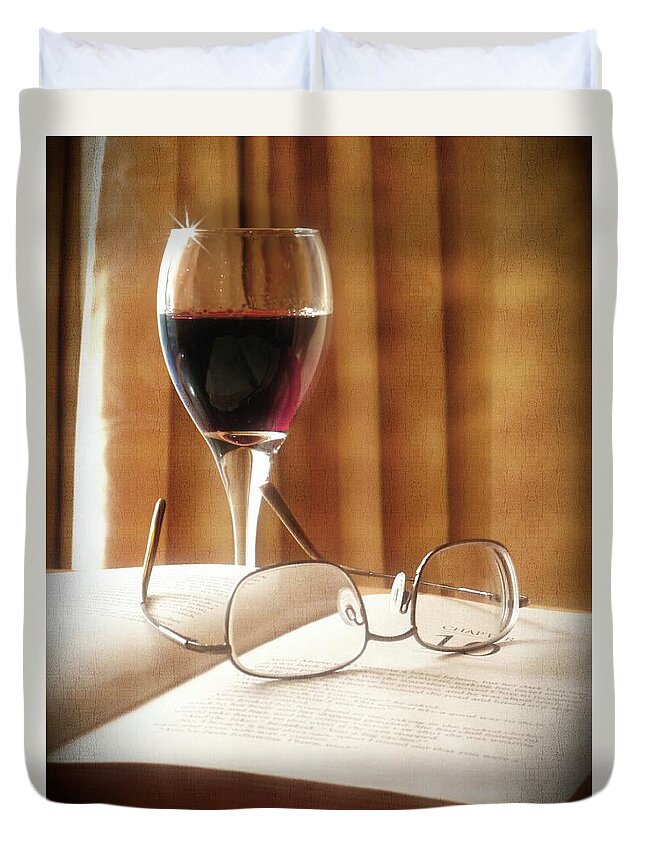 Book Duvet Cover featuring the photograph A Good Book and A Glass of Wine by Lucinda Walter
