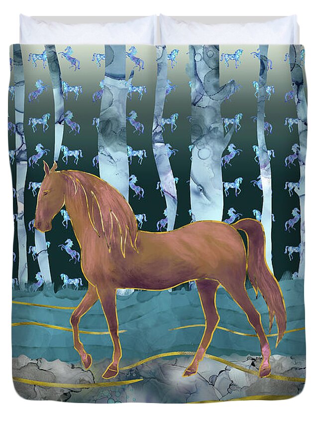 Horse Duvet Cover featuring the photograph A Horse in a Forest of Dreams by Andreea Dumez
