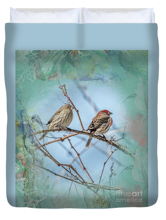 House Finch Duvet Cover featuring the photograph A House Finch Love Story by Sandra Rust