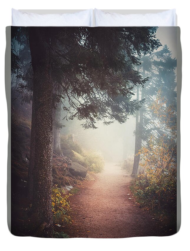 Autumn Duvet Cover featuring the photograph A Journey in the Mist by Philippe Sainte-Laudy