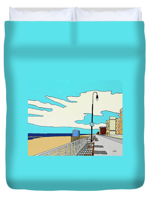 Long Beach Boardwalk Long Island Ocean Sand New York Beach Duvet Cover featuring the painting A Long Beach Morning by Mike Stanko