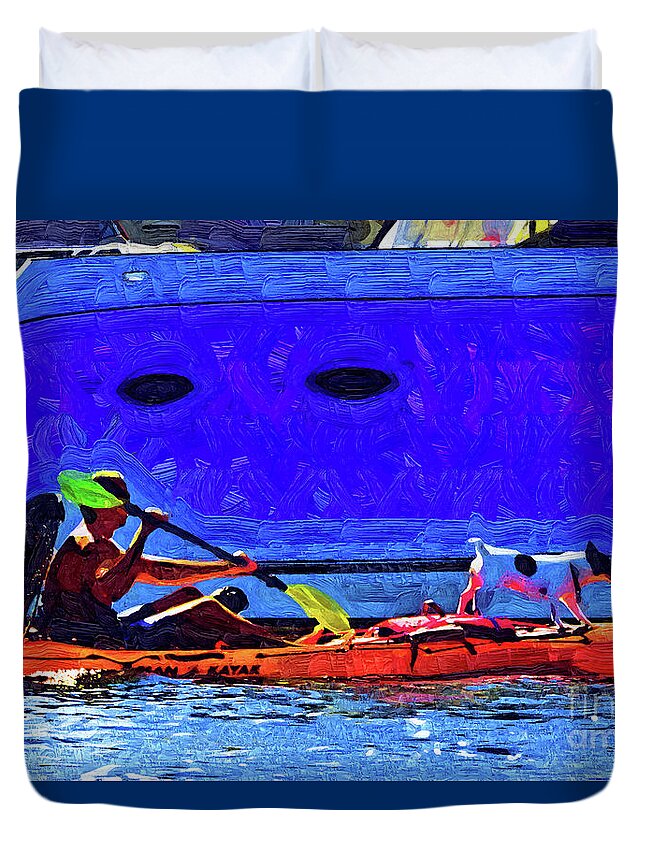 Kayak Duvet Cover featuring the painting A Man His Kayak and His Dogs by Kirt Tisdale