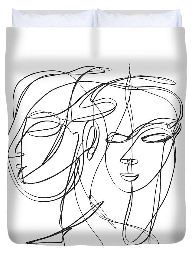 Sketch Duvet Cover featuring the digital art A one-line abstract drawing depicting two faces in a symbiotic relationship by OLena Art