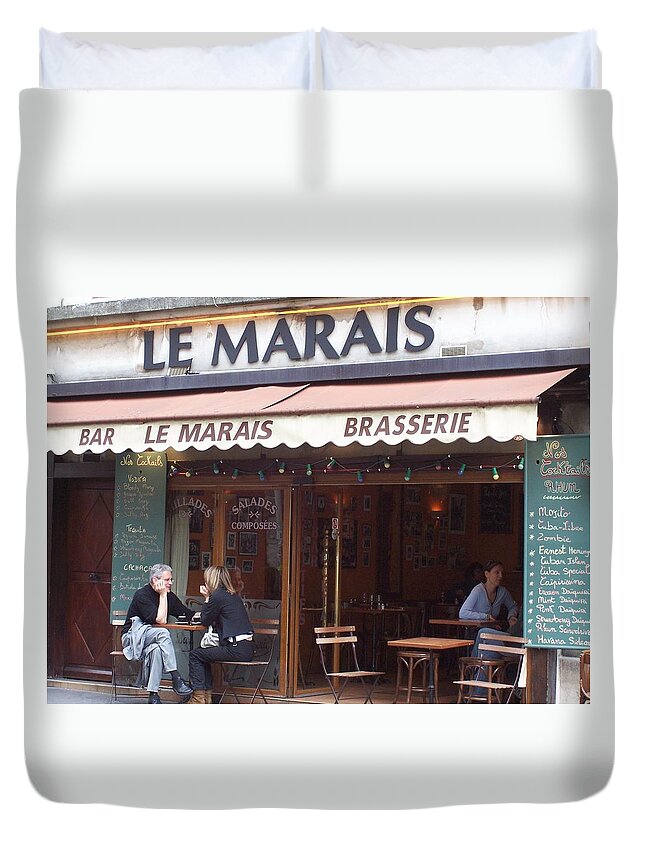 Paris Duvet Cover featuring the photograph A Paris Cafe--Le Marais by Matthew Bamberg