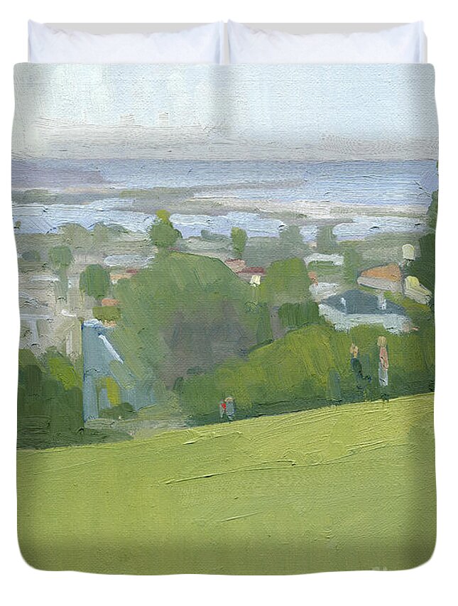 Kate Sessions Park Duvet Cover featuring the painting A Perfect Day to Paint - Kate Sessions Park, Pacific Beach, San Diego, California by Paul Strahm