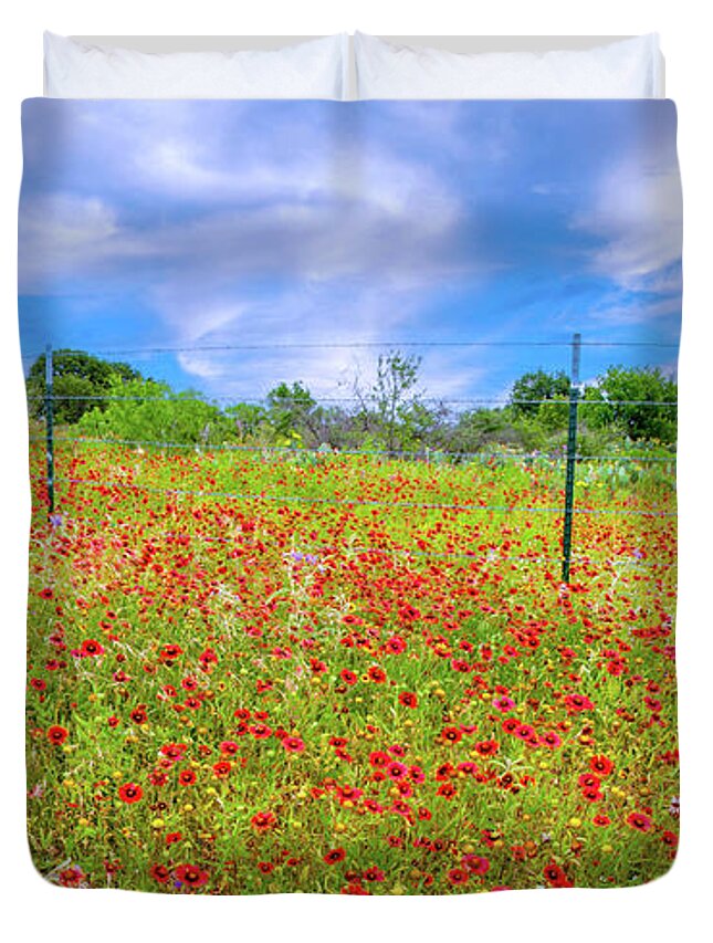 Texas Wildflowers Duvet Cover featuring the photograph A Perfect Spring Day Panorama by Lynn Bauer