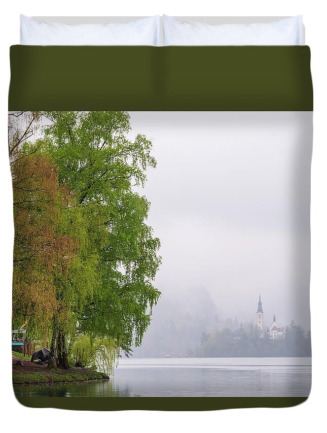 Slovenia Duvet Cover featuring the photograph A rainy day in Bled, Slovenia by Mirko Chessari