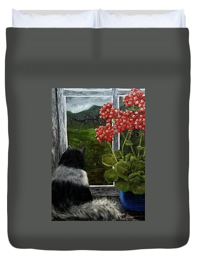 Cat Duvet Cover featuring the painting A Rainy Day Refuge by Peggy Miller