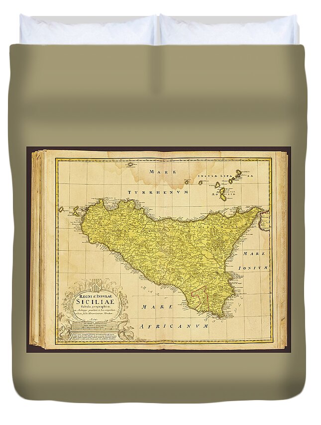 Johann Baptist Hofmann Duvet Cover featuring the photograph Restored reproduction of an atlas map of the island of Sicily by cartographer Johann Baptist Hofmann by Phil Cardamone