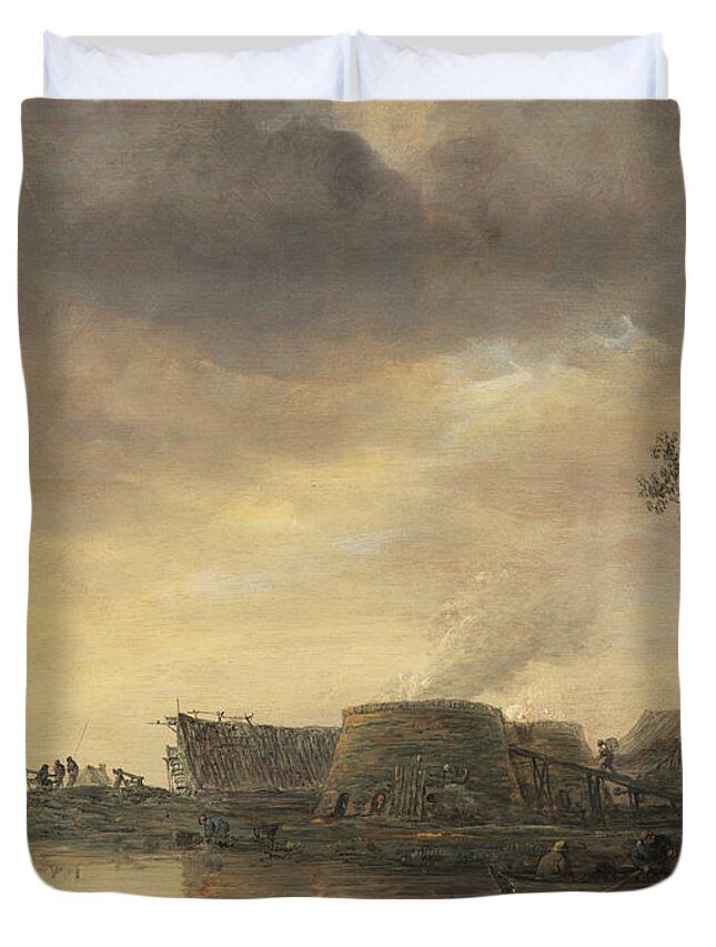 Jan Van Goyen Duvet Cover featuring the painting A River Landscape with Lime Kilns by Jan van Goyen