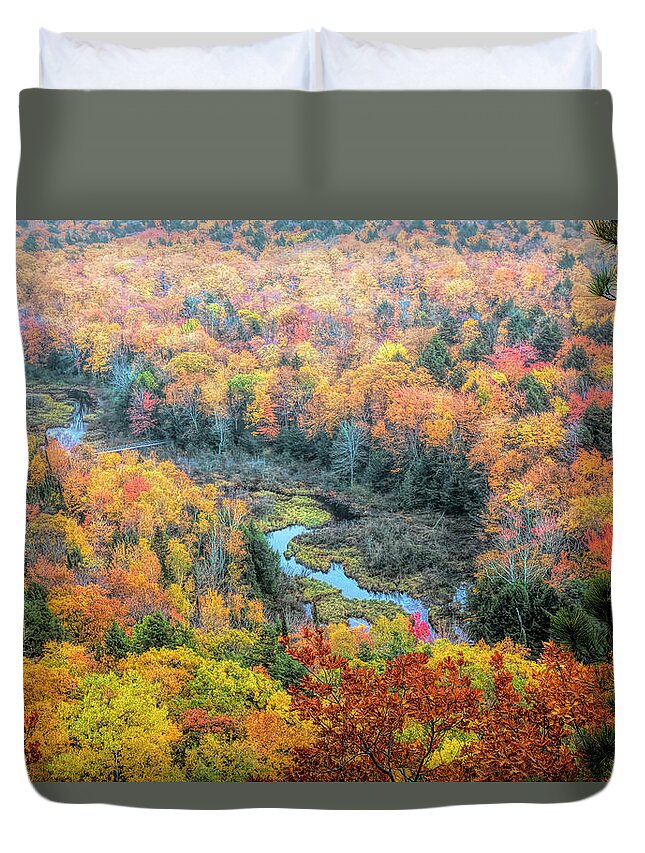 Michigan Duvet Cover featuring the photograph A River Runs Through Fall Colors by Cheryl Strahl