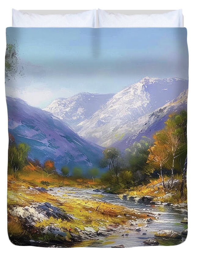 Landscape Duvet Cover featuring the painting A River Runs Through It by Tina LeCour