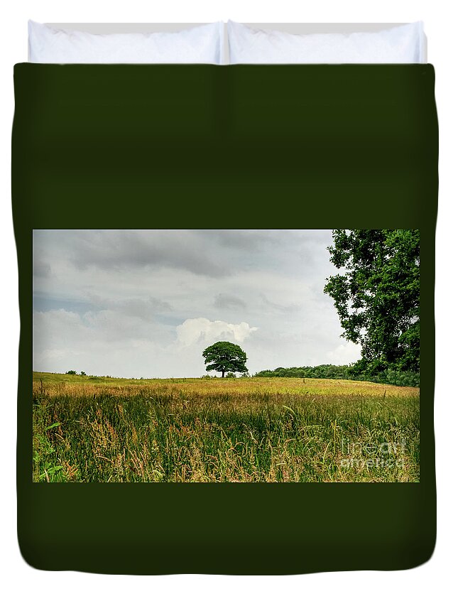 Digital Art Duvet Cover featuring the photograph A single lone tree on a hill in the Hopwood Woods Nature Reserve 2021. by Pics By Tony