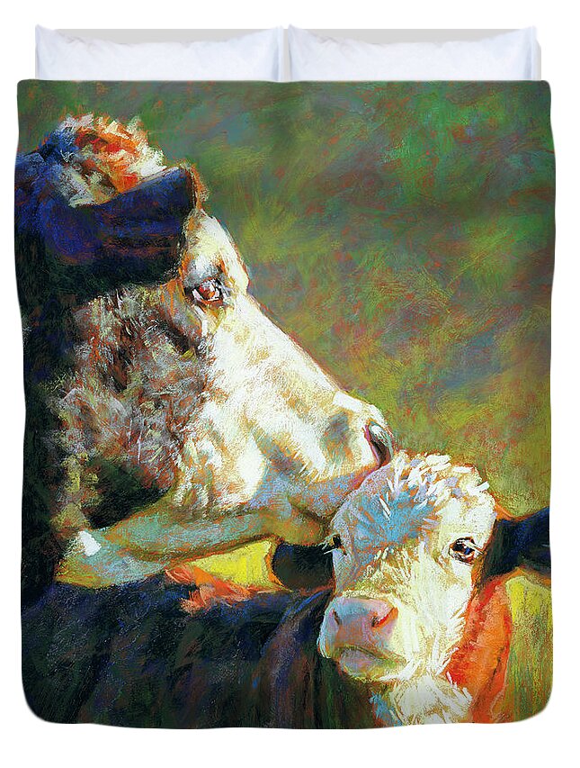 Cows Duvet Cover featuring the pastel A Soft Kiss by Rita Kirkman