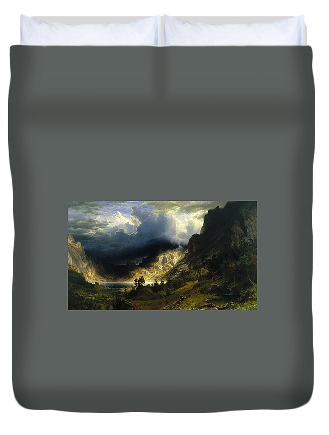 Albert Bierstadt Duvet Cover featuring the painting A Storm in the Rocky Mountains, 1866 by Albert Bierstadt
