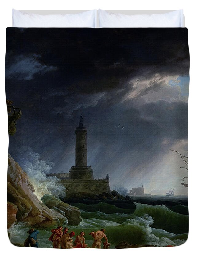 A Storm On A Mediterranean Coast Duvet Cover featuring the painting A Storm on a Mediterranean Coast by Claude Joseph Vernet by Rolando Burbon