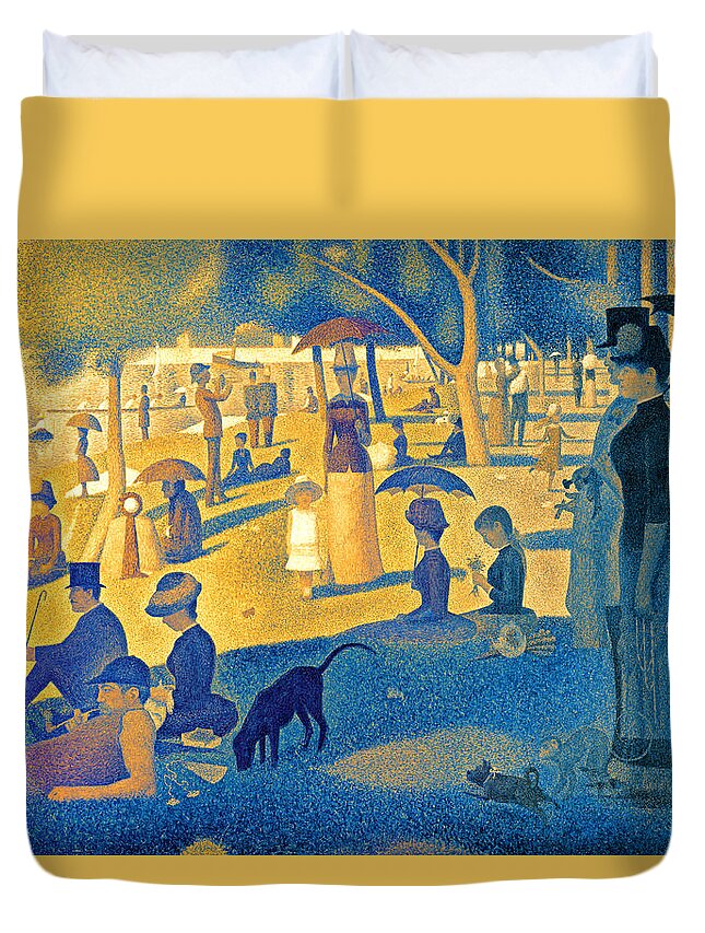 A Sunday Afternoon On The Island Of La Grande Jatte Duvet Cover featuring the digital art A Sunday Afternoon on the Island of La Grande Jatte - digital recreation in blue and orange by Nicko Prints