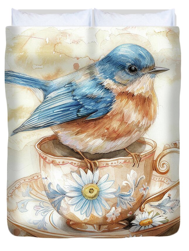 Bluebird Duvet Cover featuring the painting A Sweet Cup Of Tea by Tina LeCour