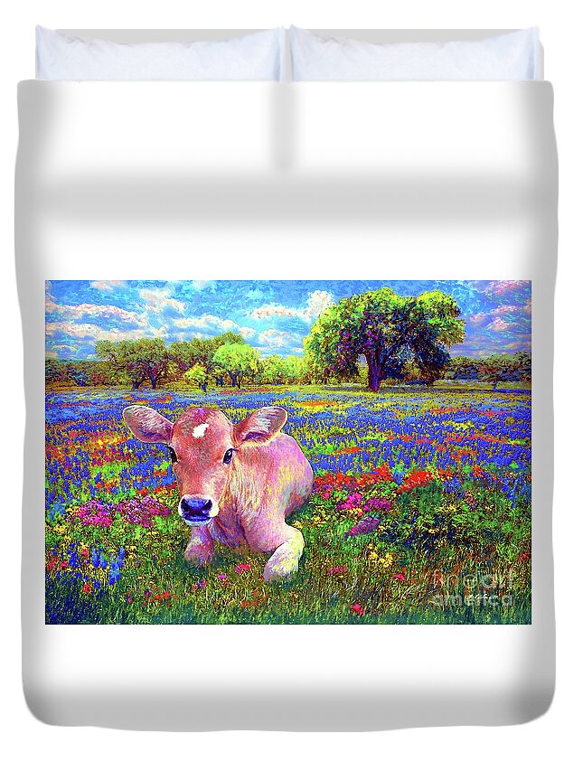 Floral Duvet Cover featuring the painting A Very Content Cow by Jane Small
