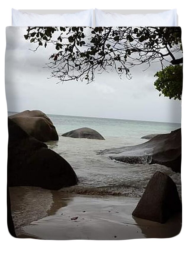 All Duvet Cover featuring the digital art A View of the Sea in Seychelles KN7 by Art Inspirity
