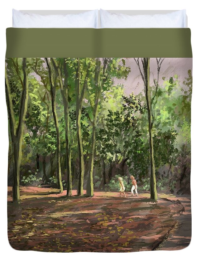 Landscape Duvet Cover featuring the digital art A Walk In The Park by Larry Whitler