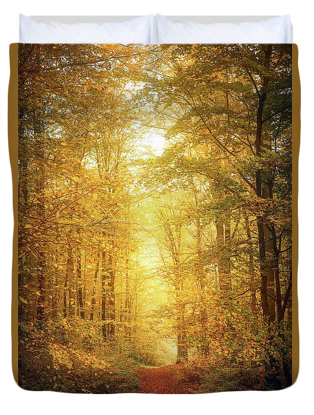 Autumn Duvet Cover featuring the photograph A Walk in the Woods by Philippe Sainte-Laudy