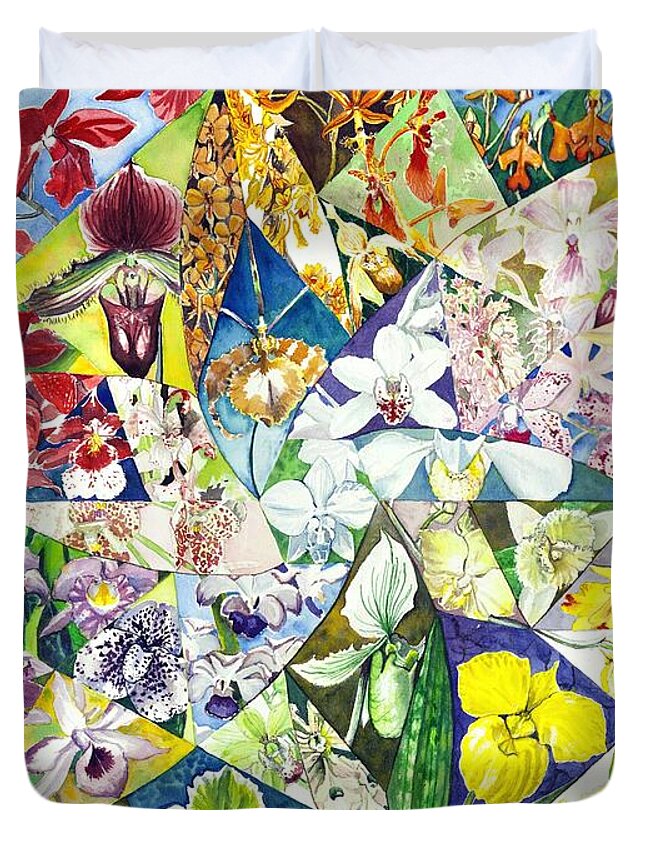 Aos Duvet Cover featuring the painting A Whirl of Orchids by Merana Cadorette