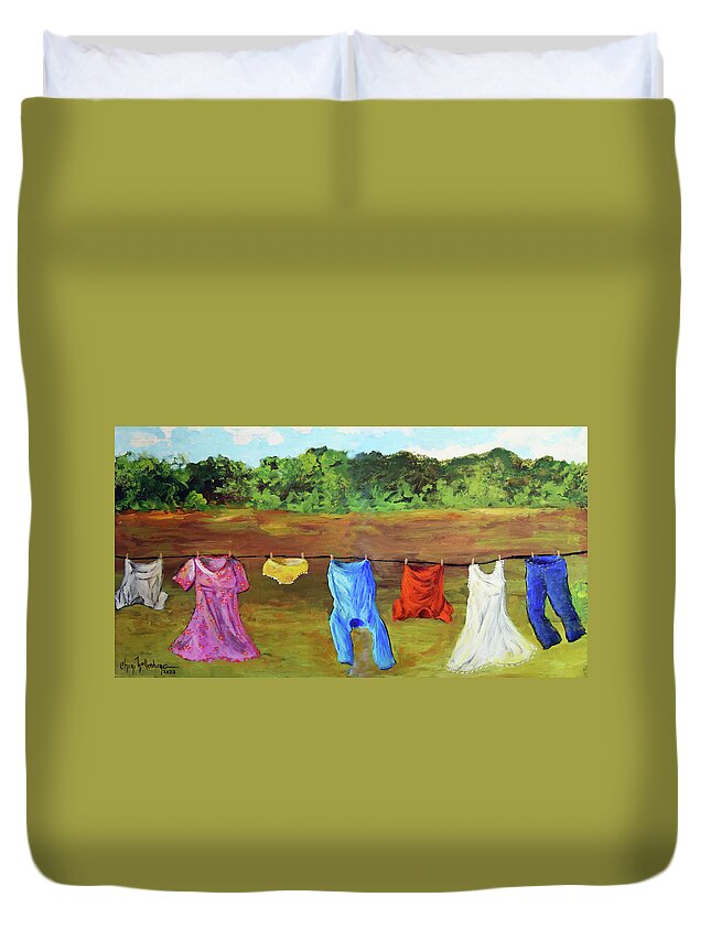 Laundry Duvet Cover featuring the painting A Windy Clothes Line in Oklahoma - An Original by Cheri Wollenberg 2022 by Cheri Wollenberg