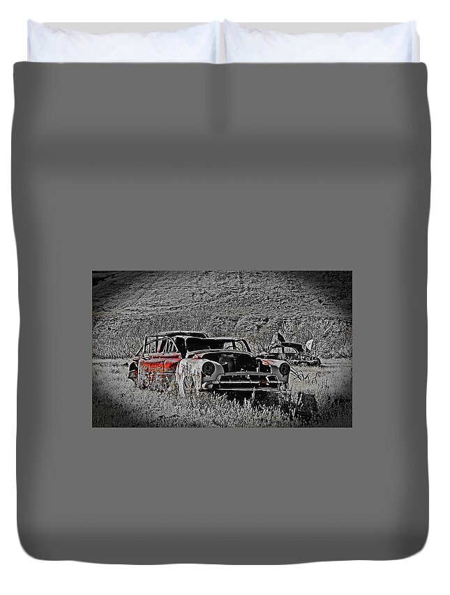  Duvet Cover featuring the digital art Abandon Car, Rock Creek Abandon Car,  by Fred Loring