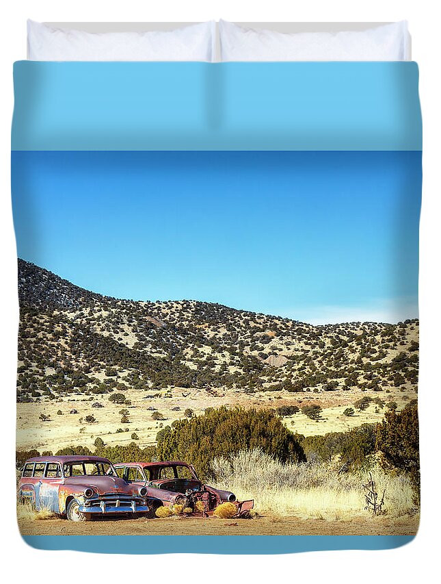 Ghost Town Duvet Cover featuring the photograph Abandoned Cars - White Oaks Ghost Town by Susan Rissi Tregoning