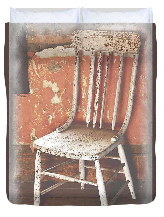 Chair Duvet Cover featuring the mixed media Abandoned Chair, Remnant Wall by Kae Cheatham