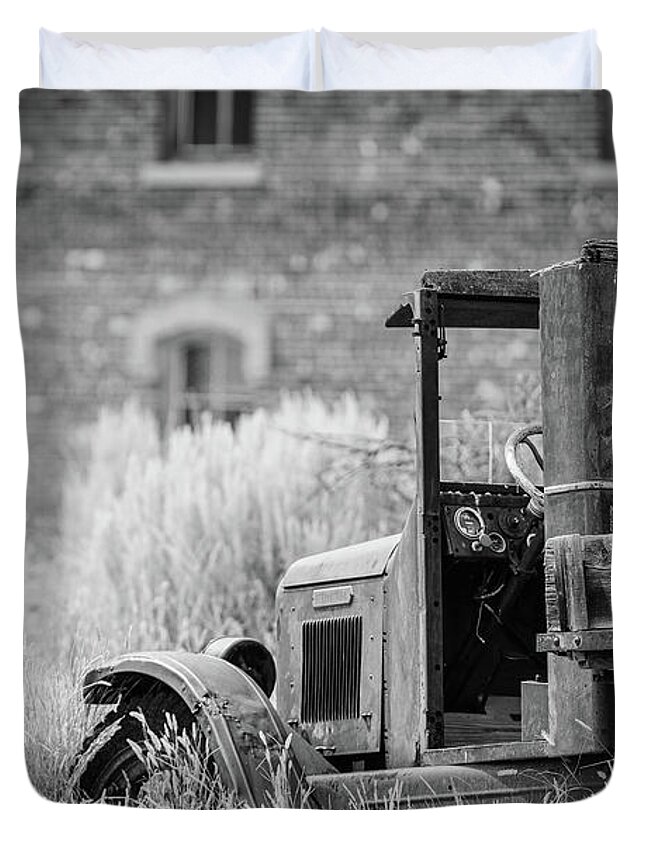 Ghost Duvet Cover featuring the photograph Abandoned Ghost Town Truck Bannack Montana BW by Edward Fielding