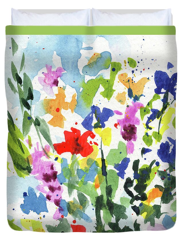 Abstract Flowers Duvet Cover featuring the painting Abstract Burst Of Flowers Multicolor Splash Of Watercolor I by Irina Sztukowski