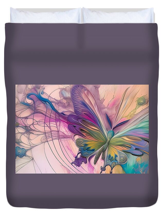 Digital Butterfly Abstract Pasteis Duvet Cover featuring the digital art Abstract Butterfly in Pastels by Beverly Read