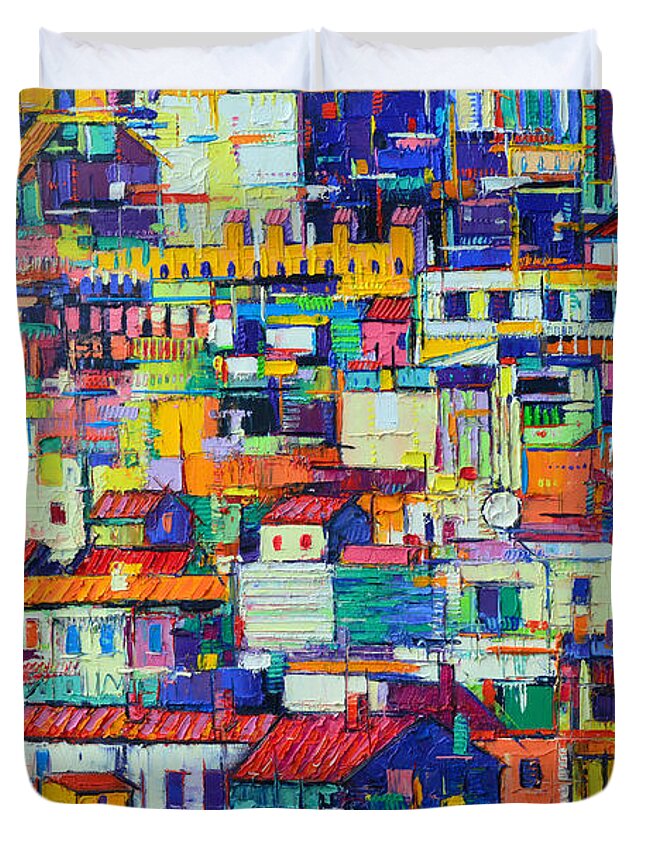 Abstract Duvet Cover featuring the painting ABSTRACT CITY PATTERNS tep 37 textural impasto palette knife oil painting city by Ana Maria Edulescu by Ana Maria Edulescu