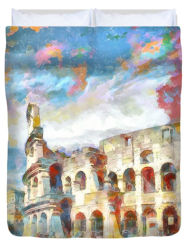 Colosseum Duvet Cover featuring the painting Abstract Colosseum Arched Windows Rome Italy by Stefano Senise