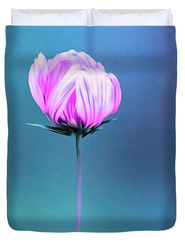 Cosmos Duvet Cover featuring the photograph Abstract Cosmos Bloom About To Open by Anita Pollak