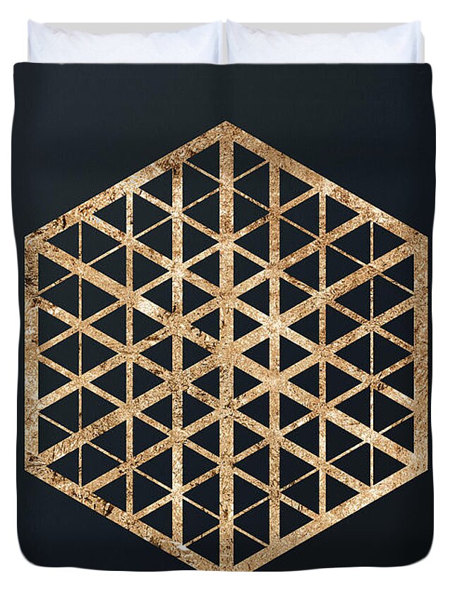 Glyph Duvet Cover featuring the mixed media Abstract Geometric Gold Glyph Art on Dark Teal Blue 464 Horizontal by Holy Rock Design