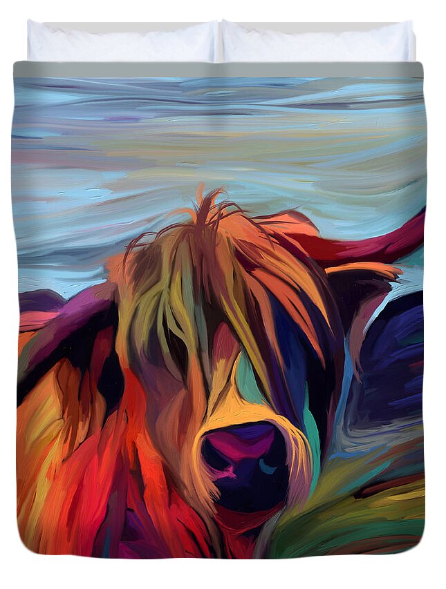 Abstract Cow Duvet Cover featuring the mixed media Abstract Highland Cow by Ann Leech