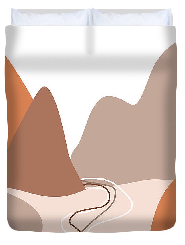 Mountains Duvet Cover featuring the mixed media Abstract Mountains 01 - Modern, Minimal, Contemporary Abstract - Terracotta Brown - Landscape by Studio Grafiikka