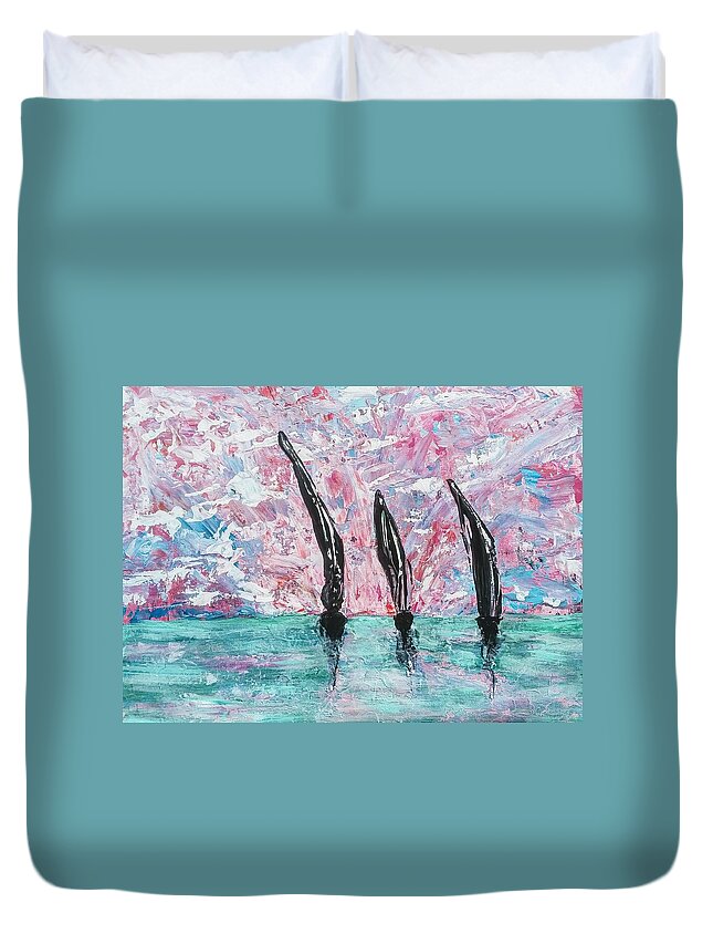 Abstract Duvet Cover featuring the painting Abstract with Sailboats by Lynne McQueen