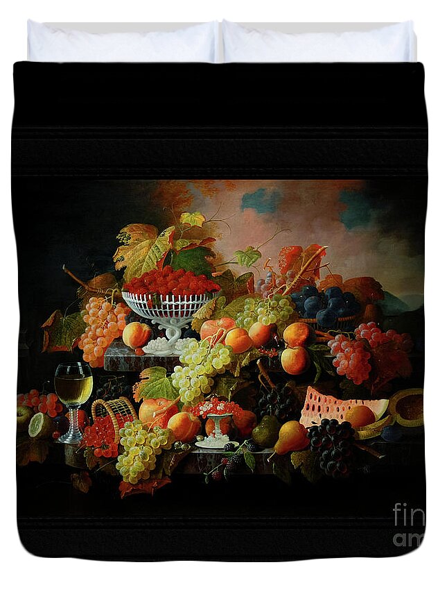 Abundance Of Fruit Duvet Cover featuring the painting Abundance of Fruit by Severin Roesen Old Masters Classical Fine Art Reproduction by Rolando Burbon
