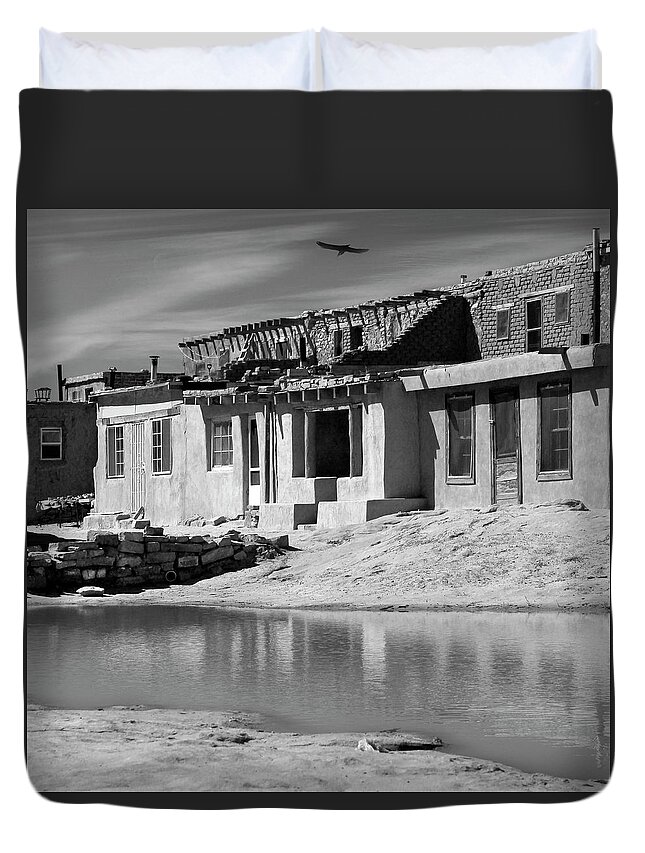 Acoma Pueblo Duvet Cover featuring the photograph Acoma Pueblo Adobe Homes B W by Mike McGlothlen