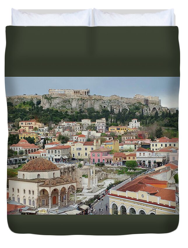 Athens Duvet Cover featuring the photograph Acropolis from Monastiraki Square by Sean Hannon