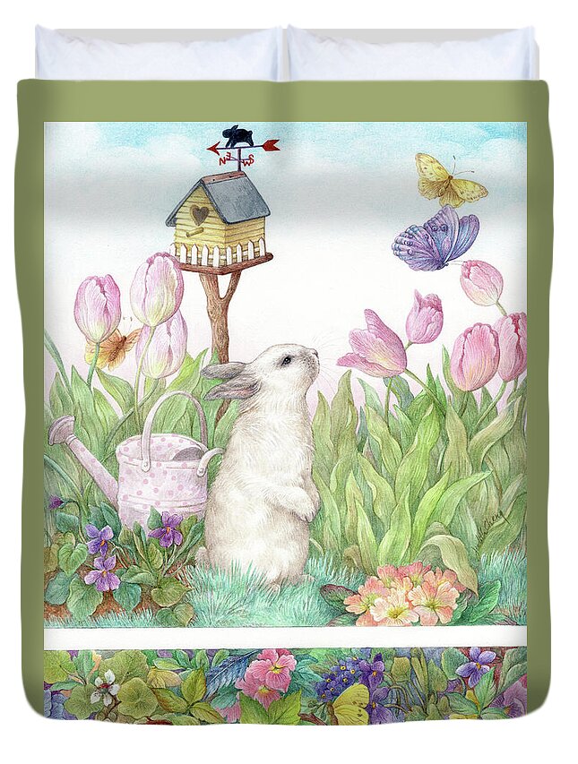 Painted Bunny Duvet Cover featuring the painting Adorable Bunny and Tulips by Judith Cheng