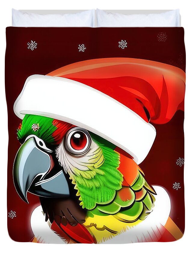 Green Cheeked Conure Duvet Cover featuring the photograph Adorable Green Cheeked Conure in Santa Hat Suit Christmas by Jim And Emily Bush