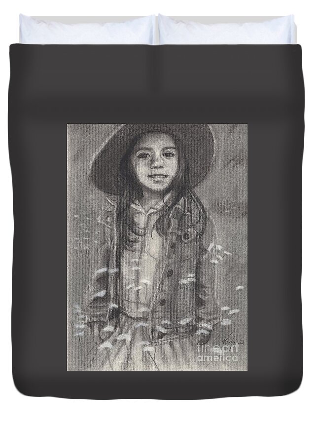 Child In Hat Duvet Cover featuring the drawing Adventure Girl by Vicki B Littell
