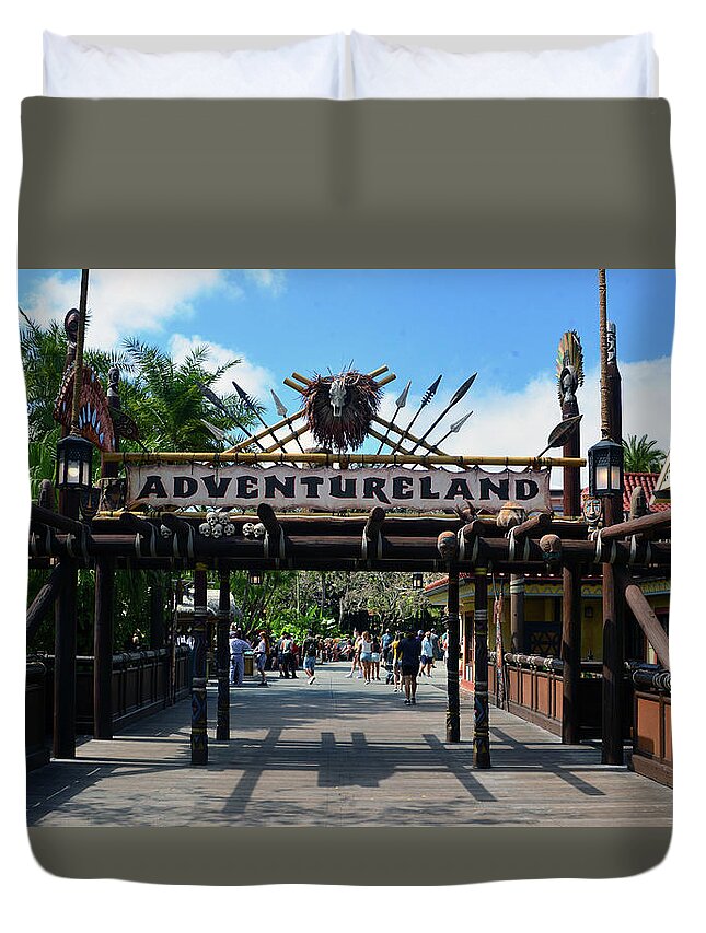 Adventureland Duvet Cover featuring the photograph Adventureland entrance Magic Kingdom B by David Lee Thompson